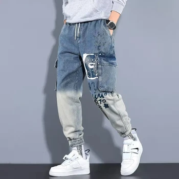 2021 Мъжки дънки с джоб за инструменти и принтом Исус, популярни маркови панталони приливи и отливи, ежедневни Диви Свободни зреещи, с наклон в стил хип-хоп