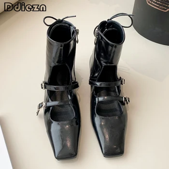 2023 Къса модерни ботильоны на есен за дамите, еластични обувки, дамски обувки, черни дамски обувки за партита с квадратни пръсти