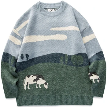 2023 Мъжки крави, Ретро зимата на топло случайни трикотаж, пуловер, мъжки корейската мода, пуловер с кръгло деколте, Дамски ежедневни облекла в стил харадзюку