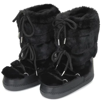 2024 Зимни кожени ботуши от изкуствена кожа, зимни ботуши с пухкава кожа, дамски ски обувки на платформа, без приплъзване до средата на прасците, дамски обувки памук