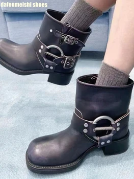 2024 Нови модни обувки за жени, с метална катарама, къси ботуши на висок ток в ретро стил, черни/кафяви мотоциклетни ботуши на дебел ток и платформа в стил пънк