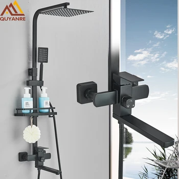 3-лентови душ система с набор от тропически душ със смесител, 25 см долен кран за водата за баня с рафт за душ в банята