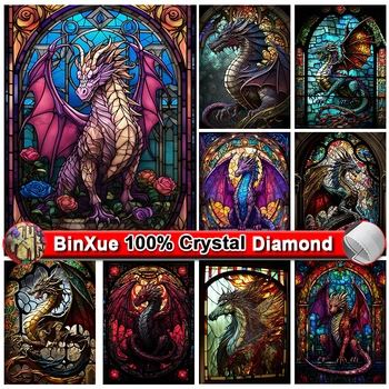 BinXue Glass Art 100% Картина с кристали и пайети, Динозавър, Летящ Дракон, Диамантена бродерия, Плочки за декорация на дома със собствените си ръце