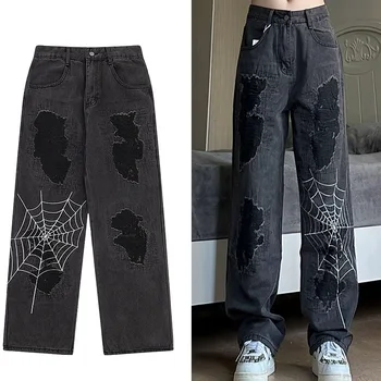 Harajuku Spider Graphic Черни свободни дънки за Мъже Y2K Негабаритная градинска дрехи в стила на рок-пънк Извънгабаритни широки Дамски панталони бермуда Гръндж