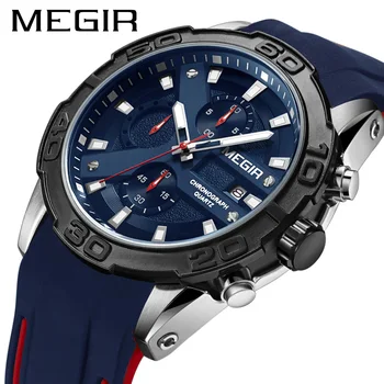 MEGIR Хронограф, Мъжки часовник Relogio Masculino, сини Гумени Бизнес Кварцови Часовници, мъжки творчески Военни Ръчен Часовник 2055