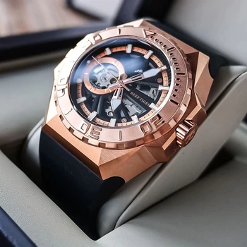 Reef Тигър / RT Rubber Starp, мъжки спортни часовници за гмуркане, Мъжки автоматично Механичен часовник Skeleton от розово злато, луксозни водоустойчиви часовници