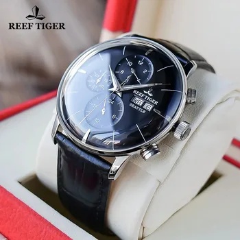 Reef Тигър/RT, Нов Основен марка, Луксозни Автоматични механични часовници, мъжки каишка от естествена кожа, мултифункционален мъжки часовник