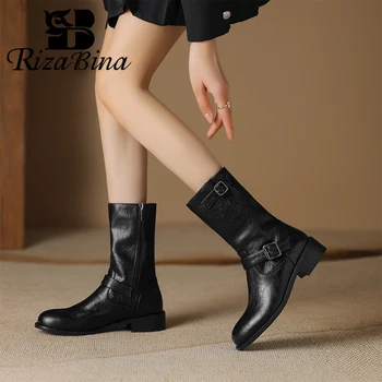 RIZABINA Големи размери за Дамски обувки в западен стил от естествена кожа с цип мотоциклетни ботуши на дебелите обувки с катарама за колан Модни ботильоны