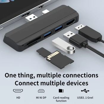 USB-хъб 5 в 1 с HDMI-съвместими с 2-пристанищен Конектор USB 3.0 TF за Surface Pro 5 4 3 5-Port Четец Слотове за карти с памет USB 3.0