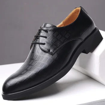 Висококачествени мъжки кожени обувки в британския бизнес стил с клетчатым модел, мъжки тънки обувки, сватбени обувки, мъжки вечерни модела обувки