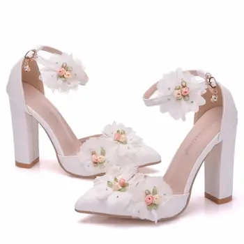 дамски сандали за сватбени партита, дантелени кристали, изкуствена кожа, каишка с катарама, на висок ток с дебелина 10,5 см, цветя с остри пръсти, размерът на дамски обувки 35-42