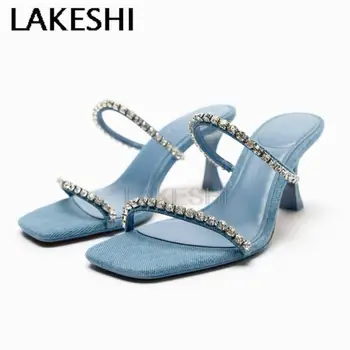 Дамски чехли на висок ток с кристали LAKESHI, модни сини дънкови дамски джапанки, летни луксозни кристални джапанки 