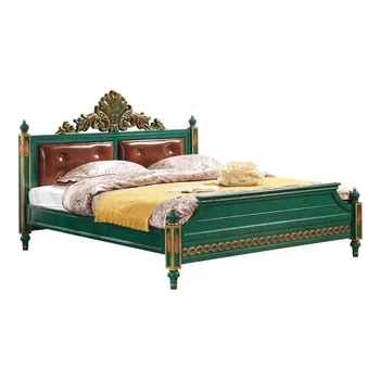 Двойно легло от масивно дърво, основна спалня, сватбена легло, зелен паун, луксозна кожена легло в американския ретро стил