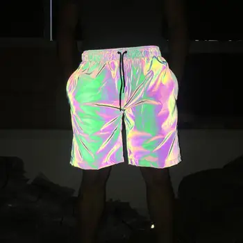 Директна доставка, мъжки летни нощни цветни светлоотразителни шорти, мъжки ежедневни хип-хоп брилянтни къси мъжки панталони, отразявайки светлината, по-големи размери