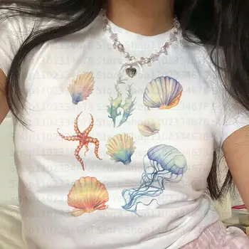 Естетичен женски съкратен топ с морски организми, хубава тениска за момичета, Реколта ежедневни тениска с къс ръкав, дрехи Y2k, градинска дрехи, детски тениски в стил Гръндж