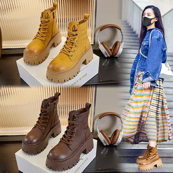 Жълти женски обувки от естествена кожа, есен 2023, нови дамски обувки Martin обувки с високи токчета, къси ботуши Mi-13 в британския стил ретро