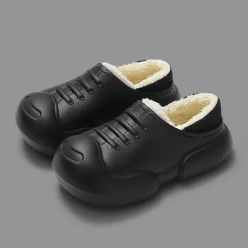 Зимните чехли, дамски улични водоустойчиви топли маратонки, чехли, дамски нескользящая домашни обувки от плюш, обувки на дебелото платформа