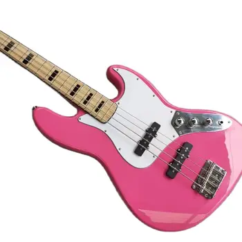 Индивидуална розова 4-струнен бас-електрическа китара, кленов лешояд, черен звукосниматель, бяла защита, безплатна доставка