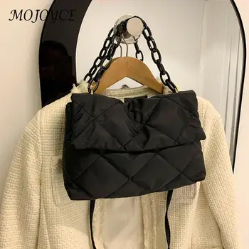 Квадратна чанта през рамо с веригата, найлонови дамски чанти под мишниците с капак, ежедневни ватирани модни универсални чанти голям капацитет за покупки за момичета
