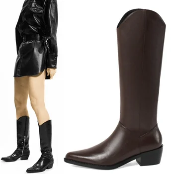 кожени дамски високи ботуши в западен стил, с остри пръсти, женски престрелки ботуши на ниски масивна обувки, кожени каубойски ботуши с висока варела, реални снимки