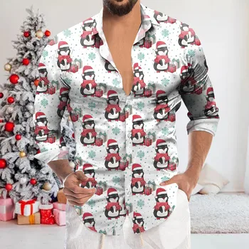Коледна риза мъжки 2023 навидад подарък Ежедневни Коледа риза с принтом за мъже Празнична блуза с дълъг ръкав и копчета на ревера мода