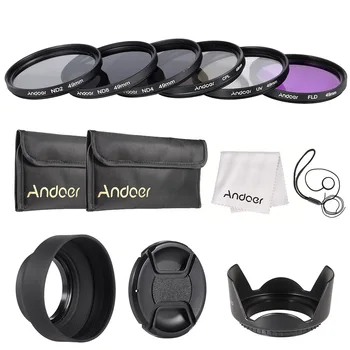 Комплект филтри за обектив Andoer 49 mm UV + CPL + FLD + ND с Чанта За Носене /Капачка на обектива /Притежател на обектива / Тюльпаном и Гумени Блендами за лещи / Кърпа За почистване