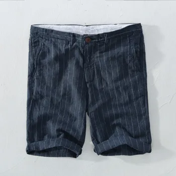 Ленени шорти нов стил, мъжки ежедневни панталони на райета, летни Модни Свободни къси мъжки панталони 38 размер, ленени шорти Homme