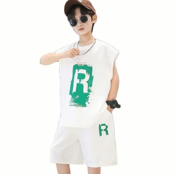 Летни дрехи за момчета с писмото по образец, дрехи за момчета, тениска + кратък комплект дрехи за момчета, детски дрехи в разговорния стил
