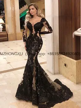 Луксозни мъниста Черна Лейси апликация Вечерна рокля Русалка с дълъг ръкав във формата на Сърце Деления Вечерни рокли 2023-Секси вечерна рокля