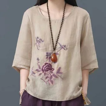 Лятна Нова мода свободна блуза, Всекидневни цветен принт, Памук, лен, Удобен пуловер с къс ръкав, Топ, дамски универсална тениска