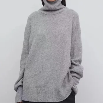 Модерен Двуслойни Топло Случайни Вълнен Пуловер с Висока Яка, Пуловер за Жени