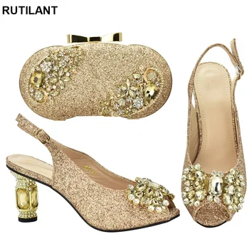 Модерен комплект обувки и чанта в тон, за Сватба, Италиански комплект обувки и чанта в тон, за партита, дамски обувки на висок ток, Чубрица обувки със затворени пръсти