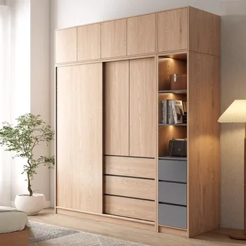 Модерен минималистичен шкаф от масивно дърво, домакински разтегателна врата, спалня от ПДЧ гардероб за съхранение на неща от дърво
