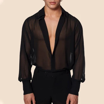 Модерен мъжки улични ризи Секси прозрачна риза с дълбоко V образно деколте за мъже Летни ежедневни блузи с дълъг ръкав фенерчета Облекло 2023 година