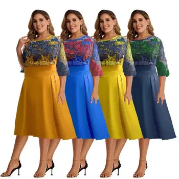 Модерен пролетно-летни дрехи, елегантен офис облекло, Африкански жени, бельо рокля midi в стил мозайка с цветя, рокли XL-4XL, Дашики, Турция
