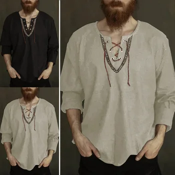 Мъжка риза на средновековния викинга, Тънък ретро пуловер, Модерен дишаща топ с дълъг ръкав, ежедневни риза с вратовръзка отпред, Camisas De Hombre