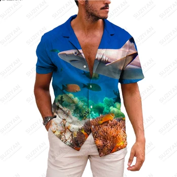 Мъжка риза с Къс ръкав, Тънка Тениска Мъжка Риза с къси ръкави, Младежки Топ С 3D-Принтом, Всекидневни Хавайски Океански Свят, е Много Голям