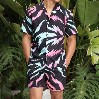 Мъжки Висококачествени Хавайски комплекти, лятна риза с къс ръкав и една вълнообразна принтом, плажни шорти копчета, градинска мъжки дрехи Harajuku, тениски