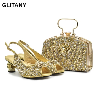 Нов модерен женски комплект от подходящите обувки и чанти, украсени с кристали, Елегантни вечерни обувки-лодка с чанта, сватбени обувки за булката