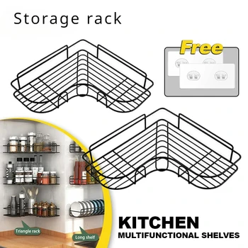 Нова кухненски стелаж, Метален стелаж без пробиване, стенен органайзер за подправки, богат на функции ъглова етажерка за кухня, кухненски принадлежности