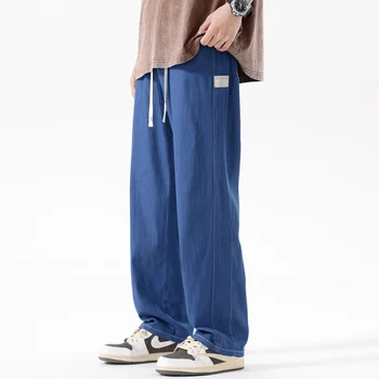 Нови летни Свободни дънки за Мъже Директни Тънки с еластичен ластик на талията и завязками Ежедневни дънкови панталони Класическа марка дрехи Сини панталони Мъжки