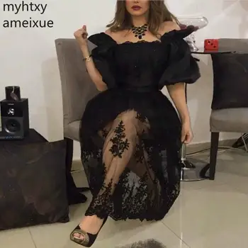 Прием на Черно сексуално Кратка вечерна рокля 2023 Дубай, арабските официални рокли за партита, големи размери, рокли Abiye с открити рамене.
