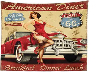 Рекламен плакат на американската вечеря с участието на момичета и кола, Ностальгическая художествена тъкан на поръчка
