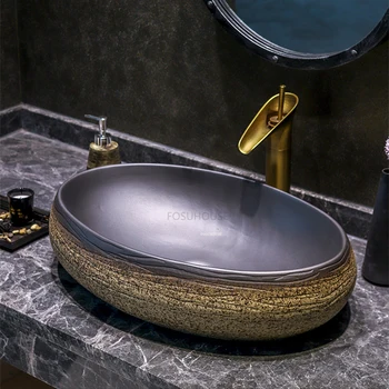 Реколта керамична мивка за баня За домашна употреба Вик Плот с Мивка Эллипсовидный дизайн на Американски Кънтри Басейн