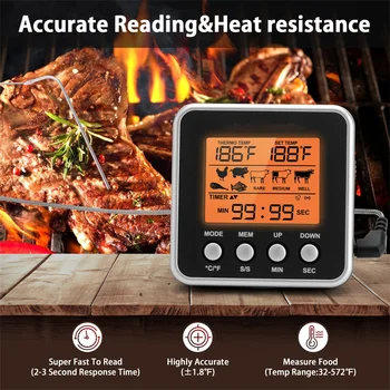 Цифров термометър за барбекю, фурна и термометър с часовник, Кухненски термометър за готвене, месо от сондата