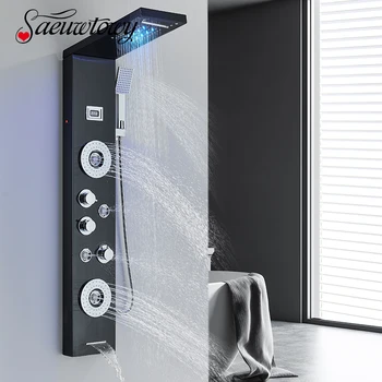 Черен led душ-панел с дъждовна / vodopadnaya тупалка, Масажни струи, с дигитален екран, чучур за вана с водопад, система душ колони в банята