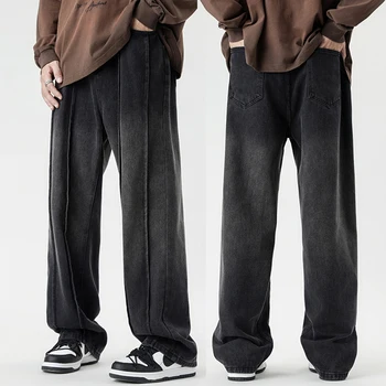 Широки дънки за Мъже панталонът е прав Всекидневни спортни панталони в черно и сиво бар Градинска дрехи Мъжки дънкови панталони Дрехи и Нови дънки Kpop