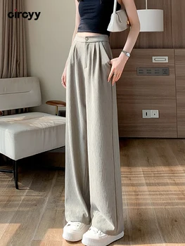 Дамски панталон с висока талия, плътни джоба с копчета, широки панталони, модерни офис женски Нови нагънат дизайн преки свободни панталони